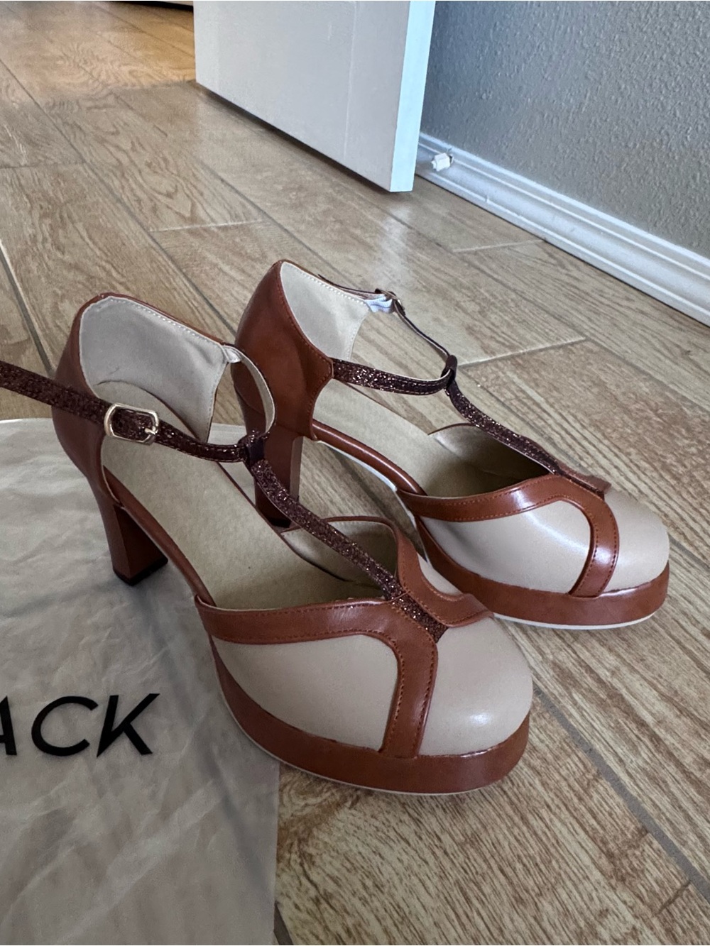 Emma and Stone T-Strap Two-Tone Tan and Cream Platform Heels